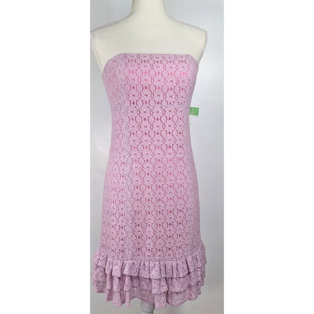 Lilly Pulitzer Pink Floral Eyelet Strapless Tiered Ruffle Mini Dress Size 6 - Picture 2 of 10